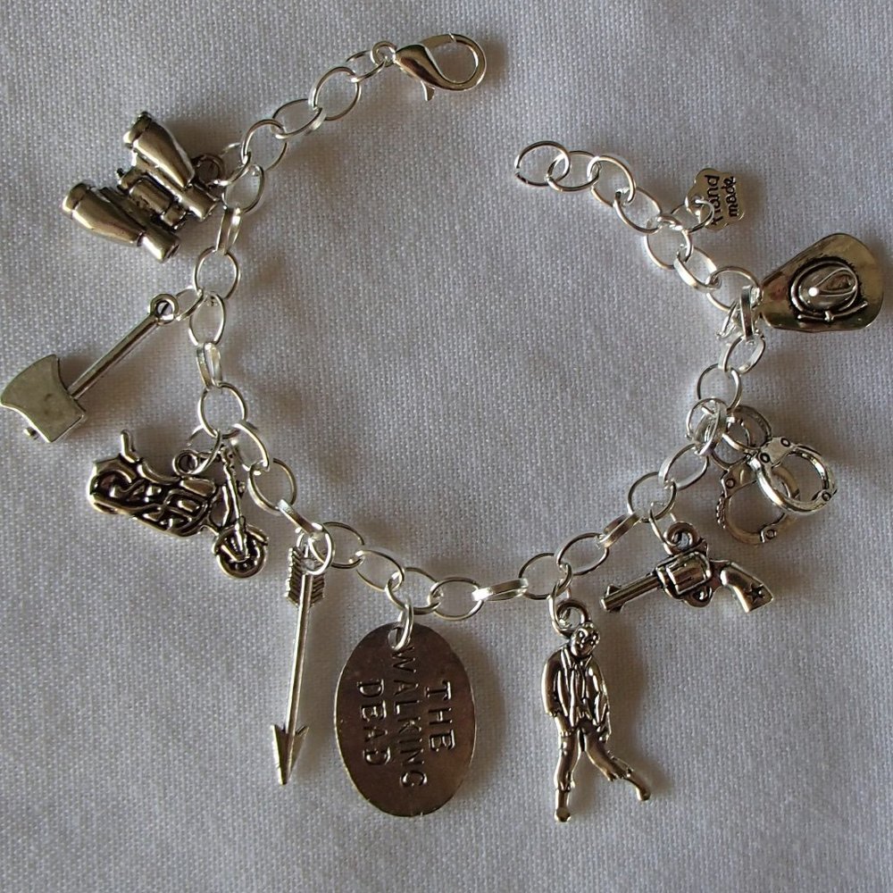 COPY - Walking Dead Zombie Theme Charm Bracelet Handcrafted + Organza Roses Gif…